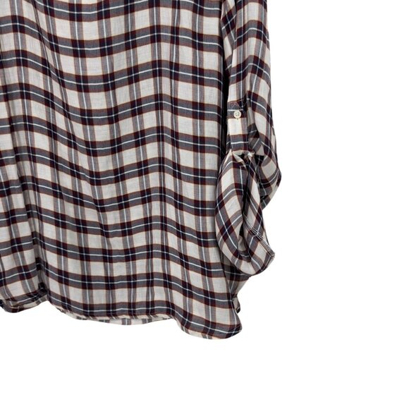 LOFT Outlet Pullover Plaid Long-Sleeve Rayon Blouse SZ L White & Multicolor - Picture 10 of 10